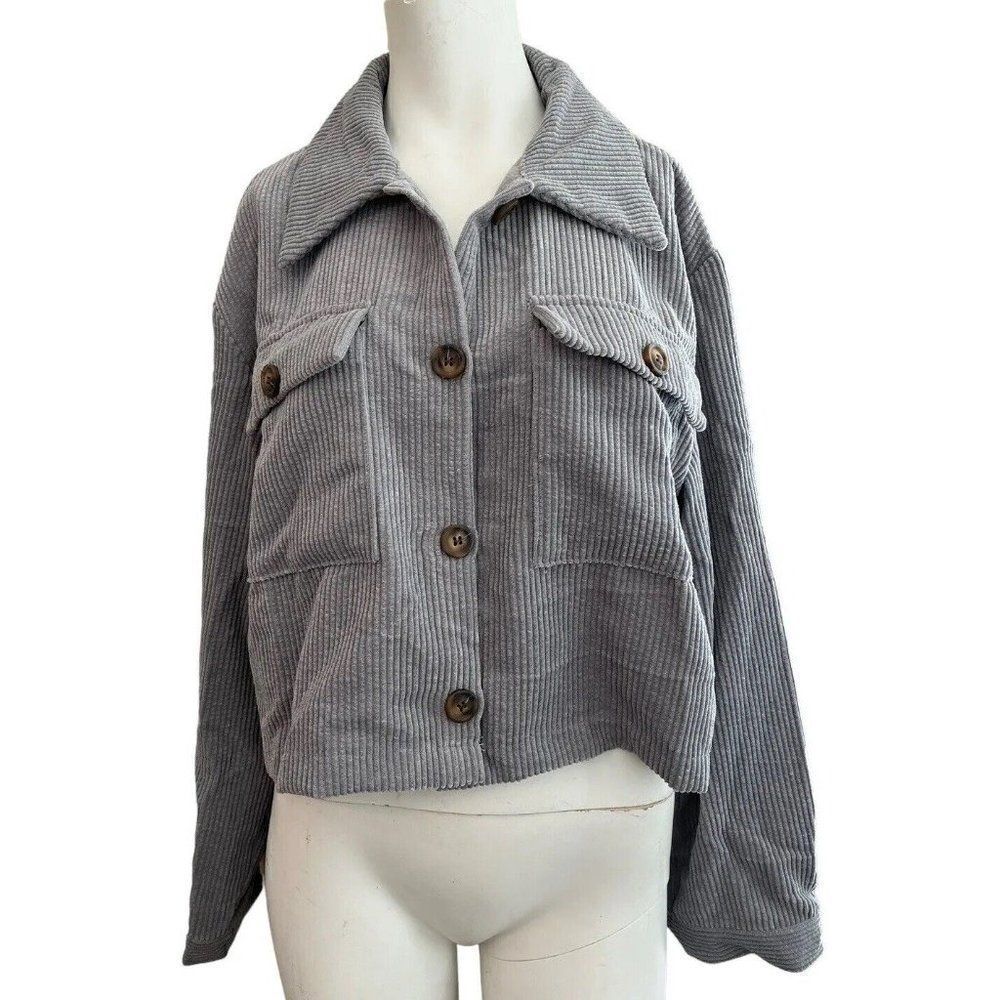 Ladies Large Corduroy Shacket Chest Pockets Button Front Cropped Shirt Gray NWT